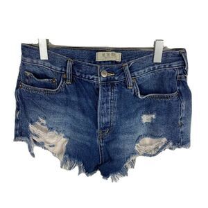 Free People Shorts 26 Womens Blue Distressed Cutoff Button Fly Mid Rise Denim
